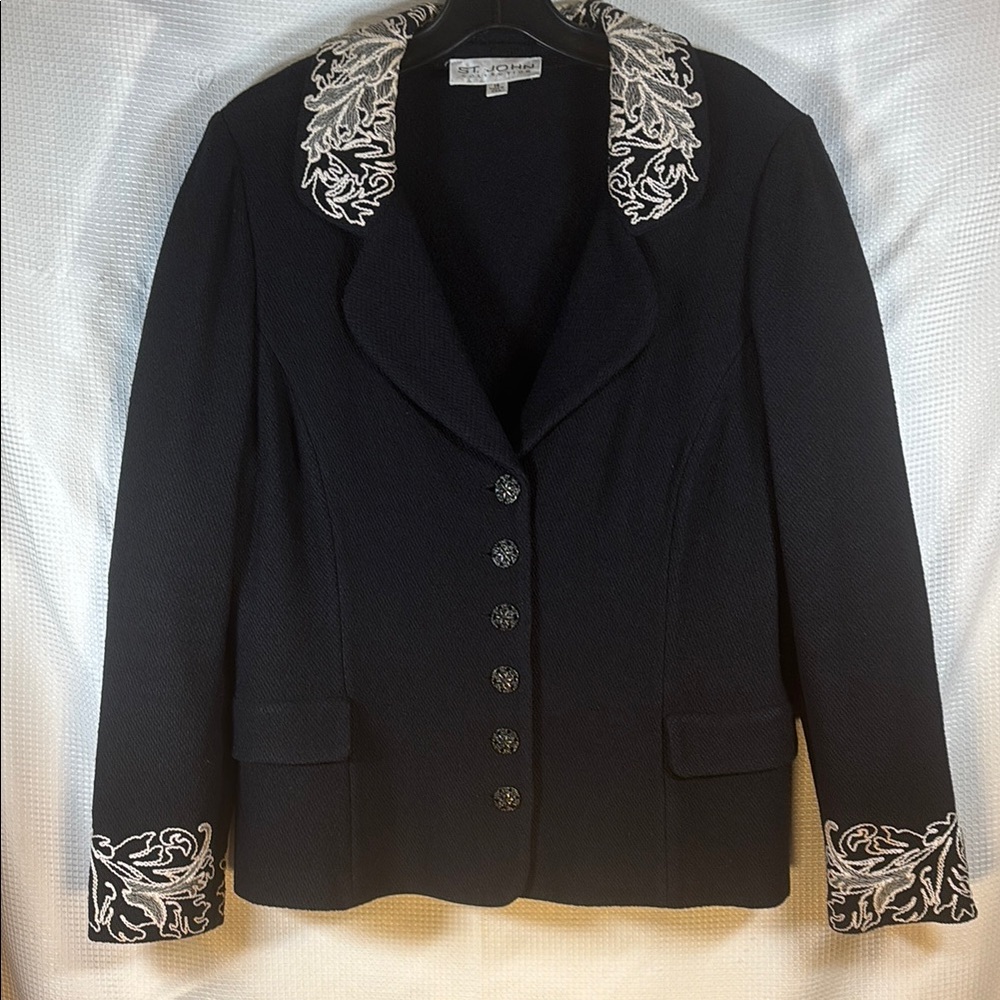 St. John Collection Black Blazer with Notched Lapel & Ornate Embroidery. Size 14
